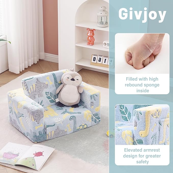 Toddler Chair Kids Couch, 2-in-1 Toddler Soft Sherpa Couch Fold Out Armchair Glow in The Dark with Removable Cover, Convertible Reading Chair Sofa for Kids, Plush Green Dinosaur