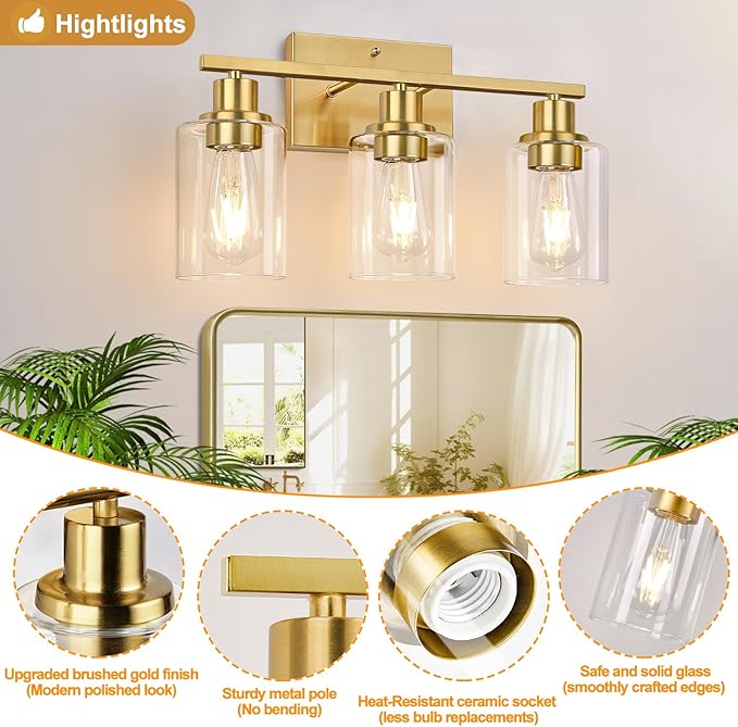 3-Light Vanity Lights with Clear Glass Shades, Brushed Gold Bathroom Light Fixtures Over Mirror, Modern Bathroom Wall Lamp for Mirror Living Room Cabinet Bedroom Porch
