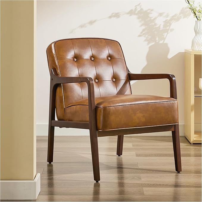 Faux Leather Accent Chair, Mid Century Modern Chair for Living Room, Upholstered Comfy Lounge Armchair with Solid Wood Frame, Reading Side Chair for Bedroom,105°Ergonomic Comfort, Brown