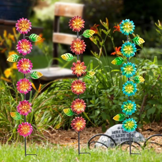 3Pack Flowers Decorative Garden Stakes,Spring Outdoor Metal Flowers Decorations,Metal Yard Art for Outside Patio Porch Decor（22.6 * 5.1IN）