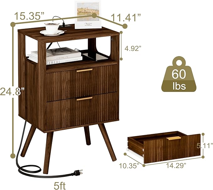 Nightstand with Charging Station and LED Lights,Modern Bedside Table with 2 Storage Drawer and Open Wood Shelf, for Bedroom and Small Spaces,Night Stand with Solid Wood Legs,Walnut Brown