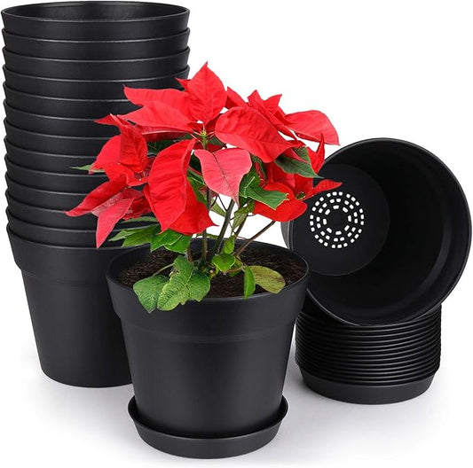 homenote Pots for Plants, 15 Pack 6 Inch Plastic Planters with Multiple Drainage Holes and Tray,Plant Pots for All Home Garden Flowers Succulents (Black)