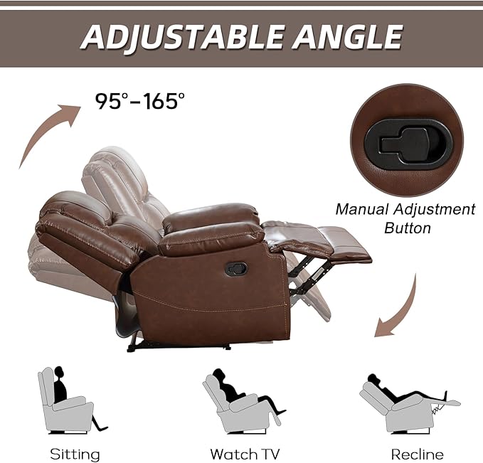 EBELLO Genuine Leather Manual Recliner Chair, Reclining Sofa Chair Couch for Living Room, Bedroom Furniture, Meeting Room, Brown