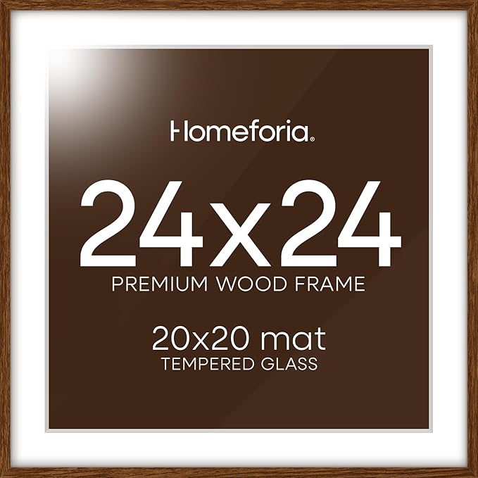 Homeforia 24x24 Picture Frame Brown, High End Dark Oak 24 x 24 Square Wood Frame with Mat 20 x 20 for Photo, 24by24 Wooden Walnut Poster Frame Matted to 20x20 Print, Tempered Glass, Wall Kit, Set of 1