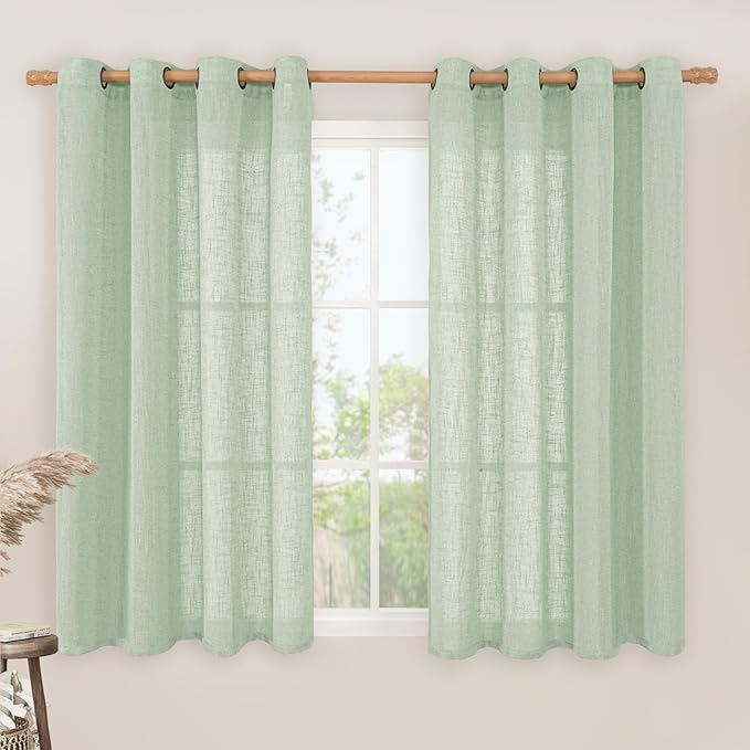 LAMIT Fresh Green Linen Curtains 54 Inch Length 2 Panels, Light Filtering Semi Sheer Panels Bronze Grommet Neutral Drapes for Kitchen/Window/Bedroom, 52 x 54 Inch
