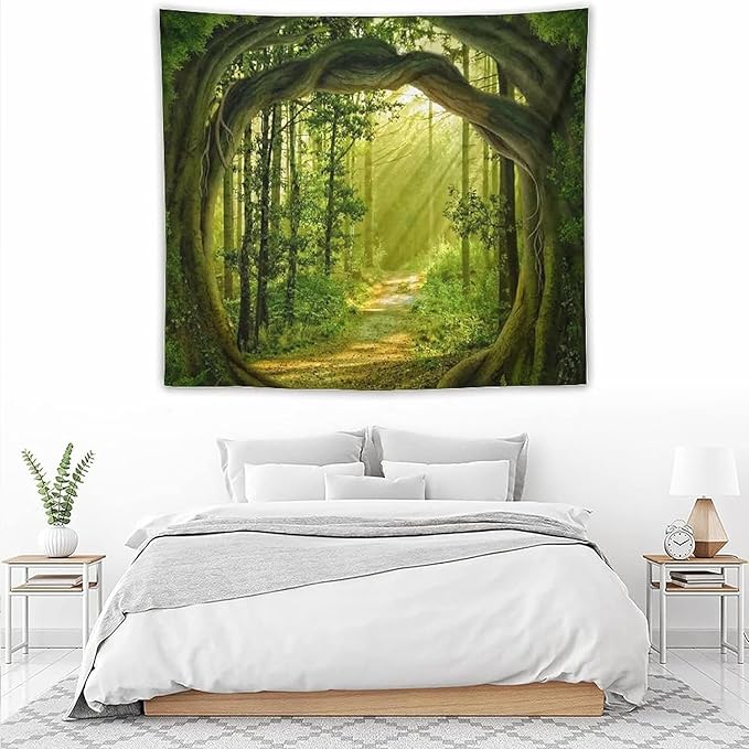 FENDROM Enchanted Forest Tapestry Nature Sunshine Lanscape Green Tree Cave Tapestries Wall Hanging For Living Room Bedroom Home Decorations