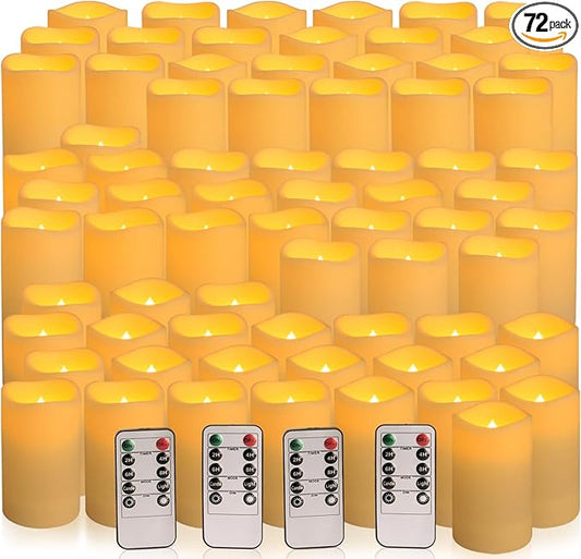 72-Pack Realistic Flameless LED Candle, Battery Operated with Remote Control, 3D Flame Pillar Timer Funtion Melted Top Safe,Perfect for Indoor/Outdoor Decor,Wedding,BBQ and Gift.