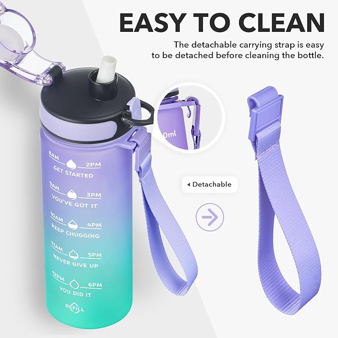 Enerbone Water Bottle, Leakproof BPA & Toxic Free, Motivational Water Bottle with Times to Drink and Straw, Fitness Sports Water Bottle with Strap for Office, Gym, Outdoor Sports