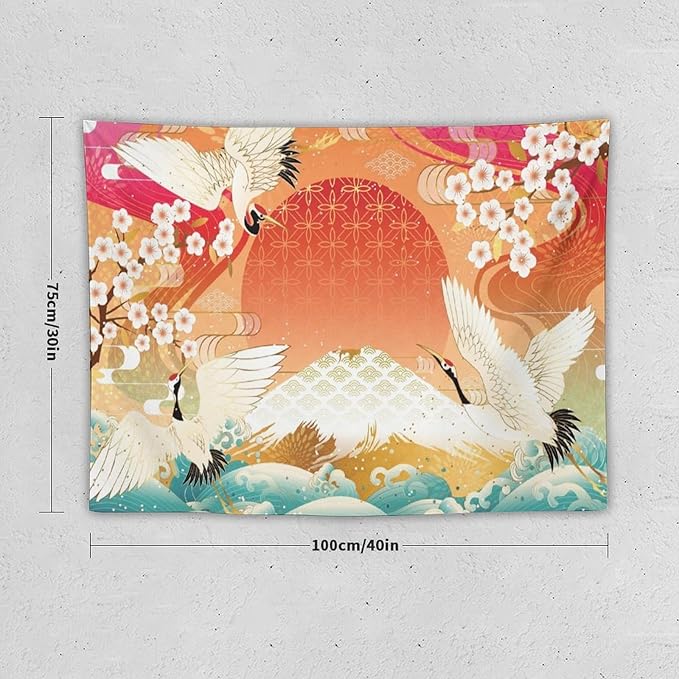 HZOHNAGO Japanese Tapestry Cherry Blossom Crane Sea Wave Fuji Mountain Red Sun Pattern Printed Wall Tapestry Painting Wall Hanging for Bedroom Living Room Dorm 40" W x 30" H