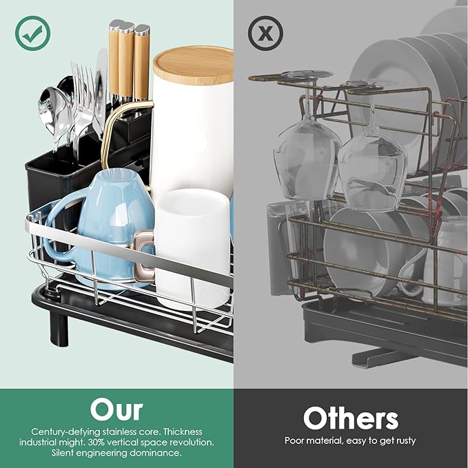 MOUKABAL Dish Drying Rack - Stainless Steel Dish Rack, Dish Racks for Kitchen Counter, Drying Rack Kitchen with Removable Utensil Holder, Drainboard and Glass Organizer (Black)