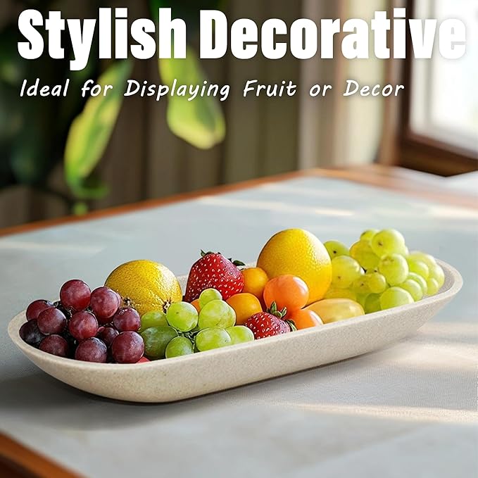 Large Decorative Bowl for Home Decor - Long Dough Bowl with Anti Slip Base for Table Centerpieces - Beige Minimalist Design Dough Decor Bowl for Coffee Table, Dining Table Centerpiece