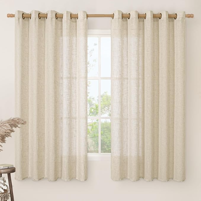 LAMIT Linen Curtains 63 inch Length for Living Room, Flax Textured Light Filtering Boho Semi Sheer Window Textured Modern Drapes with Bronze Grommet for Bedroom, 2 Panels Set, 60 x 63 Inch, Linen