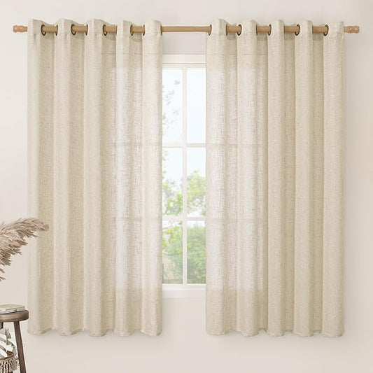 LAMIT Linen Curtains 63 inch Length for Living Room, Flax Textured Light Filtering Boho Semi Sheer Window Textured Modern Drapes with Bronze Grommet for Bedroom, 2 Panels Set, 60 x 63 Inch, Linen
