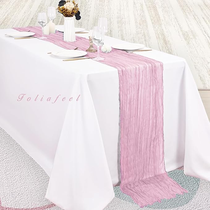 Light Pink Cheesecloth Table Runner 12 Pack 10FT Rustic Gauze Fabric Cheese Cloth Table Runner for Wedding 20 x 120 Inch Long Bridal Baby Shower Table Decorations Boho Sheer Birthday Party Table Decor