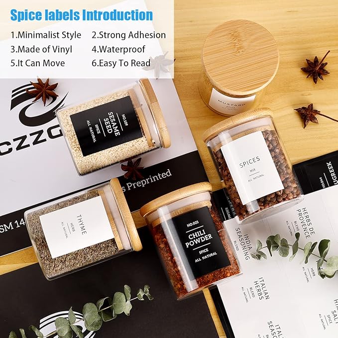 12 Pcs Glass Spice Jars With 296 Spice Labels Preprinted of White and Black Color- 6oz Thicken(2.4mm) Spice Containers With Bamboo Airtight Lids - Empty Small Herb Seasoning Jars