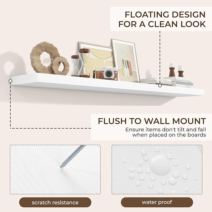 RICHFOCUS 72Inch Floating Shelves for Wall 1 Pack Shelves for Bedroom|Kitchen|Bathroom Wall Mounted Rustic Wood Floating Shelf with Invisible Brackets for Books|Storage|Decor, White