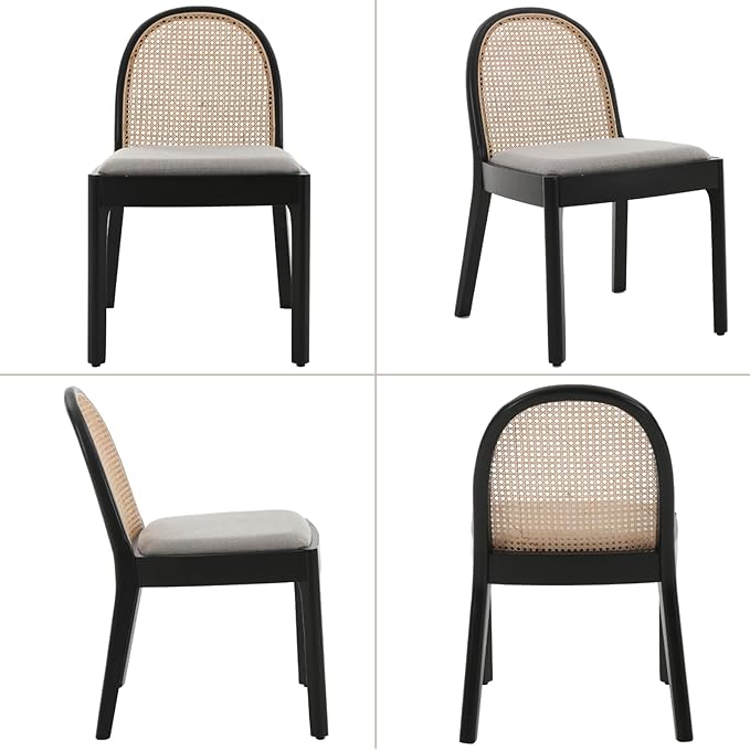 Mid Century Dining Chairs Set of 2, Accent Rattan Side Chairs Linen Fabric Kitchen Chair with Solid Wooden Legs for Living Room Dining Room, Grey