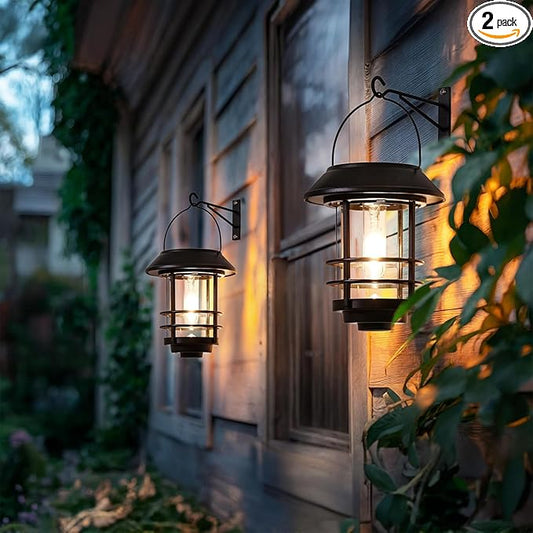 Otdair Solar Lanterns Outdoor Waterproof 2 Pack, Auto On/Off Hanging Solar Lights for Outside with Wall Mount, Glass Outdoor Lighting Outdoor Decorative for Wall, Front Porch, Yard, Garden, Fence