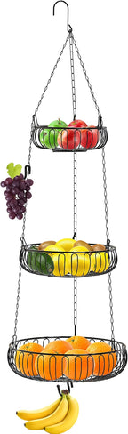 Simple Houseware Adjustable Metal Hanging Fruit Basket, Oblate, Black, 11" W x 11" L x 30" H