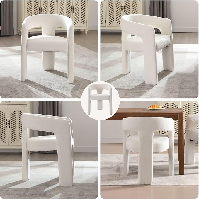 White Chenille Dining Chairs Set of 2, Modern Barrel Dining Room Chairs Upholstered Accent Chair with Arms and Round Back for Living Room Kitchen Armchair No Assembly Needed