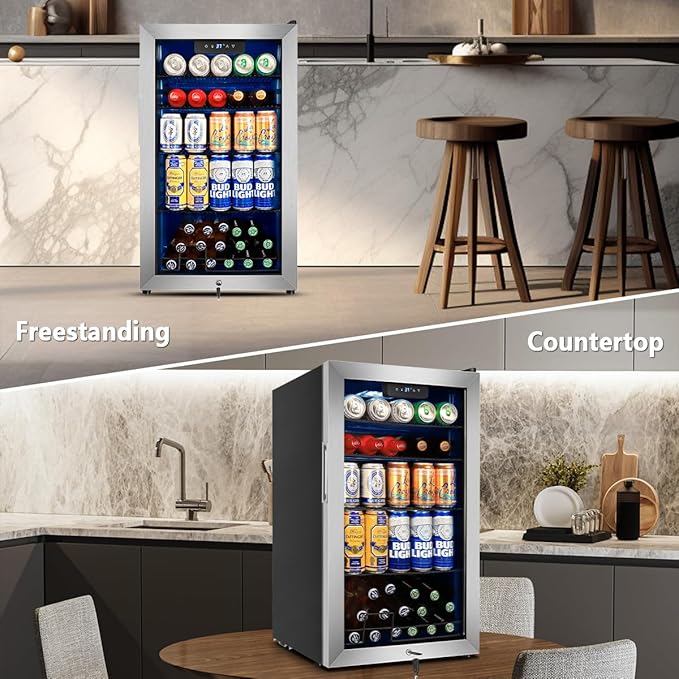 Tylza 130 Can Beverage Refrigerator Cooler, 3.22 Cu.Ft Beverage Cooler with Low-E Glass Door, Safety Lock, Beverage Fridge for Soda, Beer, Wine, Mini Fridge for Home, Office, Bar, Bedroom, Silver