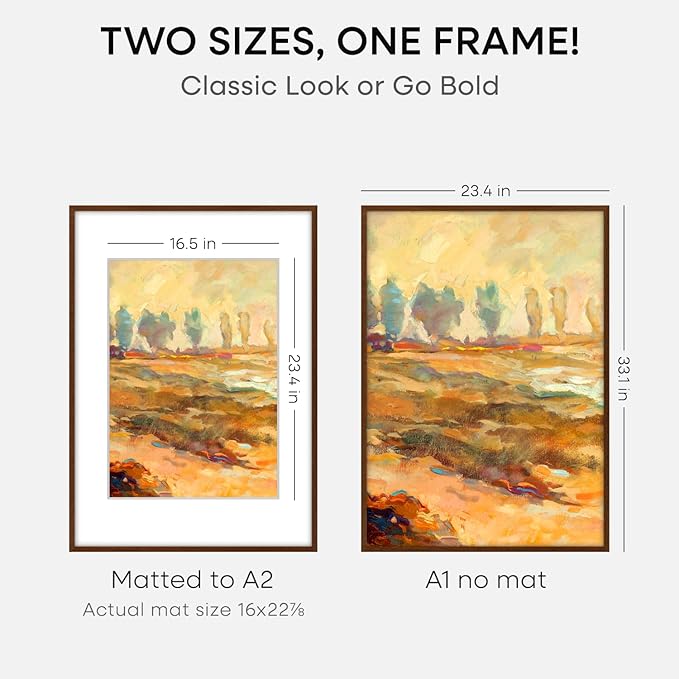 Homeforia A1 Poster Frame Brown, High End Dark Oak 23.4 x 33.1 Wooden Picture Frames Matted to 16.5 by 23.4 Photo, A1 Walnut Wood Frame with Mat A2, 23.4x33.1 Frame, Tempered Glass, Wall Kit, Set of 1