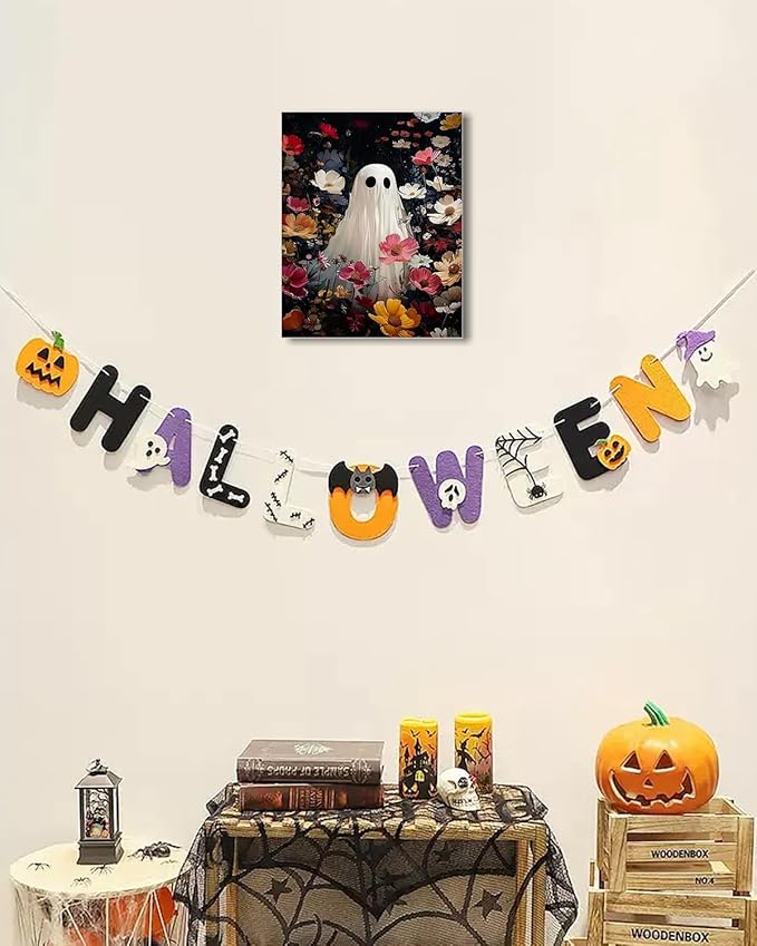 Halloween Canvas Wall Art,Vintage Cute Ghost & Wildflowers Framed Poster, Spooky Fall Decorations for Indoor, Gothic Dark Academia Wall Decor, Funny Halloween Decorations for Living Room Bedroom