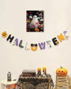 Halloween Canvas Wall Art,Vintage Cute Ghost & Wildflowers Framed Poster, Spooky Fall Decorations for Indoor, Gothic Dark Academia Wall Decor, Funny Halloween Decorations for Living Room Bedroom