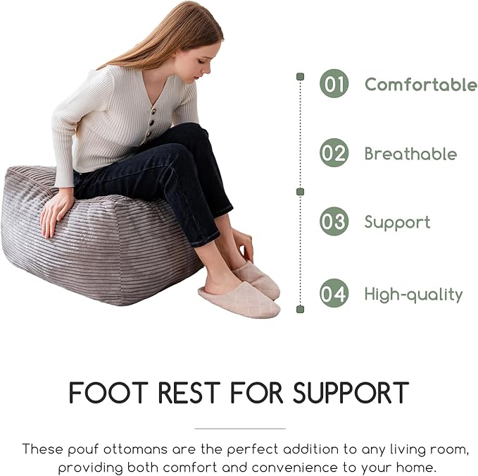 HIGOGOGO Square Stuffed Pouf Ottoman, Corduroy Poufs with Foam Chunk Filling, Furry and Fluffy Pouf Foot Stool Storage Ottoman, 25.6 X 25.6 Floor Poufs Foot Rest for Living Room, Grey