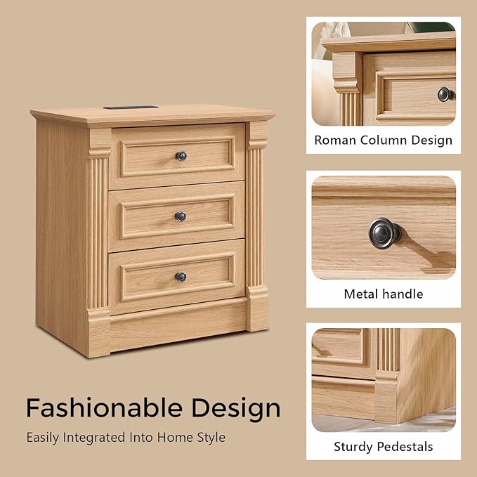 26" Tall Farmhouse Nightstand, 3 Drawers End Table w/Charging Station, 23.6" Wide Large Side Table w/Roman Column, Wood Rustic Sofa Table for Bedroom, Natrual