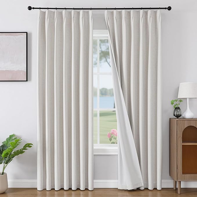Joydeco Pinch Pleated Linen Curtains Darkening Drapes for Bedroom, 100% Blackout Drapes 96 inches Long 2 Panels Heat Blocking Curtains(Ivory,40'' Wx96'' L)