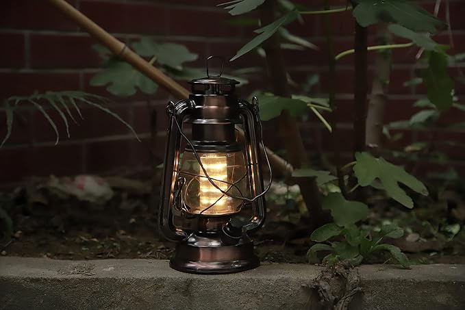 YAKii LED Vintage Lantern Metal Hanging Hurricane 12 LED Dimmer Switch Warm White Battery Operated Power Outage Indoor Camping Lighting Outdoor Brooklyn (Copper 2 Pack)
