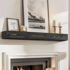 56x8x5 Fireplace Mantel - Handcrafted Hollow Rustic Solid Wood Wall Mounted Floating Shelf with Invisible Heavy Duty Wood Bracket (Weathered Black)