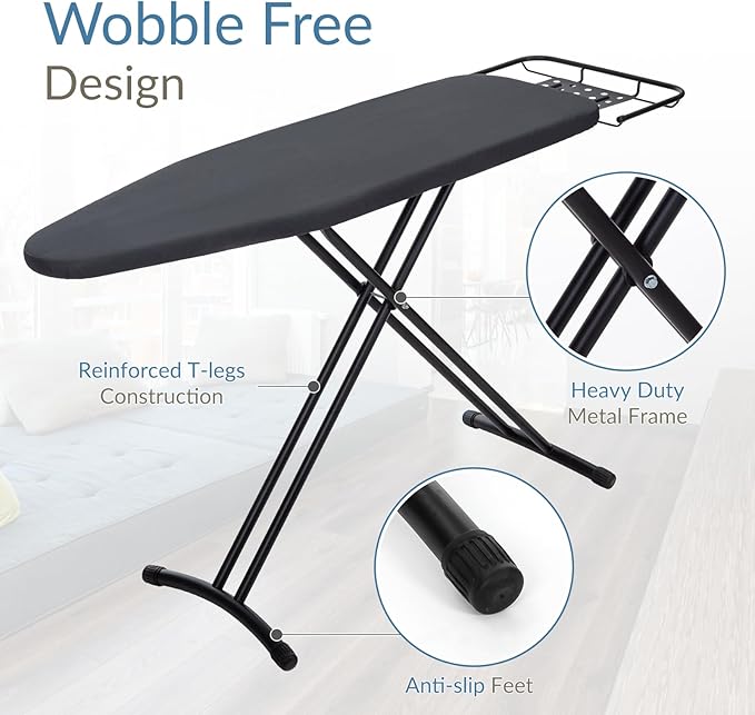 Ironing Board 48" x 15" with Retractable Iron Rest, RAINHOL Heavy Duty Full Size Iron Board, Sturdy Wide Frame with Thick Padding Cover, Height-Adjustable, Black