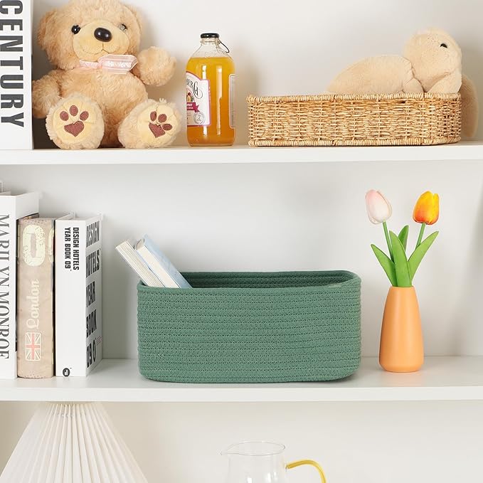 Small Storage Baskets for Organizing | Closet Organizer Bins | Shelf Toy Basket | Woven Rope Baskets | Cube Decorative Box | Shallow Basket | 11.5x7.5x4.7” | 3 Packs Green