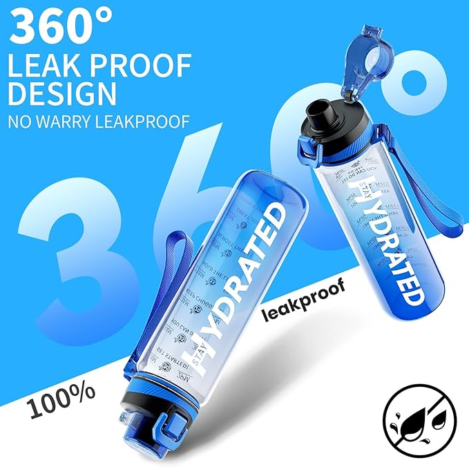 Water Bottle, 32 oz Motivational Water Bottles with Time Marker-Tritan & BPA Free, Sports Water Bottle with Time to Drink & Strap, Wide Mouth, Leakproof -Gift for Christmas Gym Fitness & Outdoor