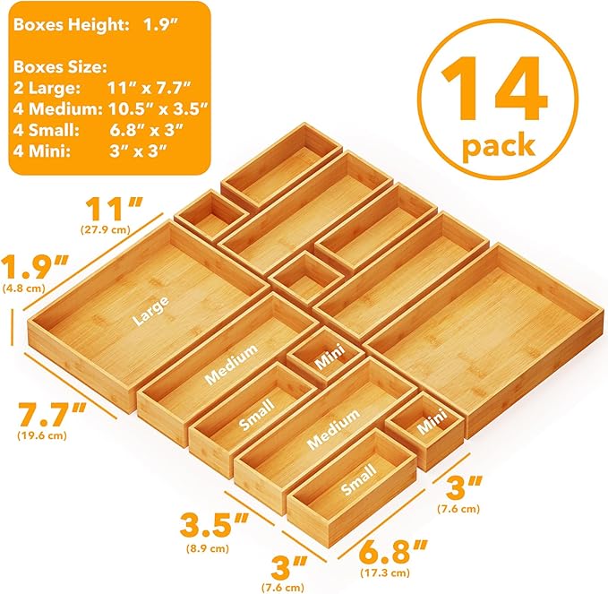 SpaceAid 14-Piece Bamboo Drawer Organizer Storage Boxes Set, Wood Tray Junk Drawer Organizers Multi-Use Divider Bins for Kitchen, Bathroom, Office Desk and Makeup Organization (14 Pack, Natural)