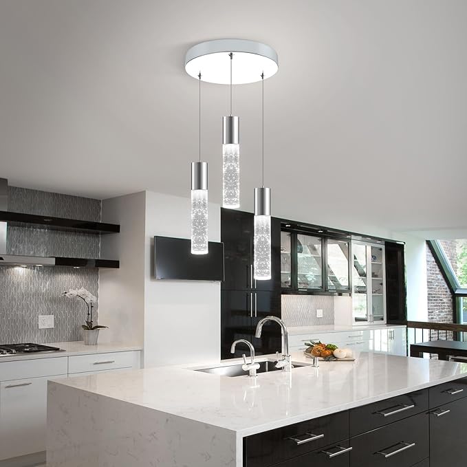 OKELI Dimmable LED 3-Light Pendant Light for Kitchen Island, 18W 1350LM Modern Bubble Crystal Island Light Fixture,6000K, Electro-Chrome, Easy Installation, Round