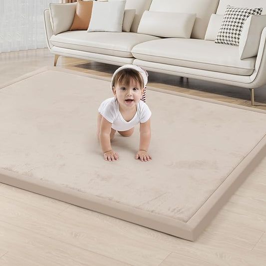 ACOMOPACK Baby Play Mat for Floor 1.3" Thick Memory Foam Play Mat 39"×59" Tummy Time Crawling with Non-Slip Bottom for Living Room,Nursery,Soft Velvet Playpen Mats for Kids,Infants（Beige）