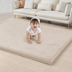 ACOMOPACK Baby Play Mat for Floor 1.3" Thick Memory Foam Play Mat 79"×157 Tummy Time Crawling with Non-Slip Bottom for Living Room,Nursery,Soft Velvet Playpen Mats for Kids,Infants（Beige）
