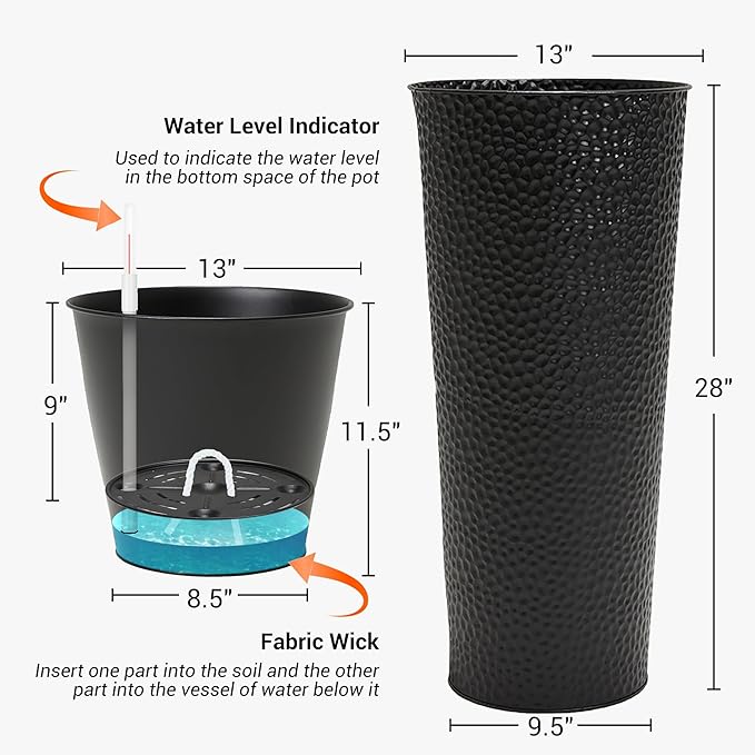 Worth Garden 2-Pack 28" H. Metal Planter with 2X Inside Pots - Hand-Hammered Texture Tall Narrow Tapered Plant Pots - Large Handcrafted Flower Pot for Indoor Outdoor, Deck, Patio, Front Porch (Black)