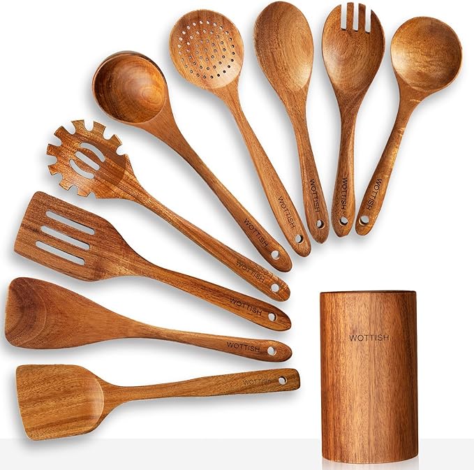 Wooden Spoons for Cooking,Wooden Cooking Utensil Set,10-Piece Wooden Kitchen Utensil Set with Wooden Spoons(A10)