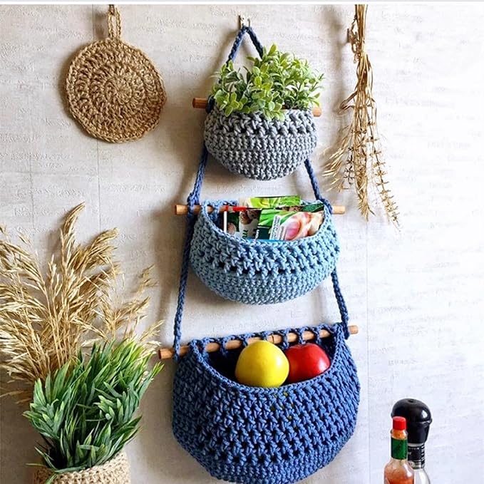 Hanging Fruit Basket, 3 Tier Cotton Macrame Produce Basket for Kitchen, Indoor Planter Hangers.