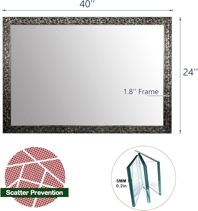 Bathroom Wall Mirror, Decorate Bathroom Mirrors for Wall, Rectangle Modern Bathroom Wall Mounted Mirror Vertical or Horizontal Hanging for Living Room (Black 24“ X 40")