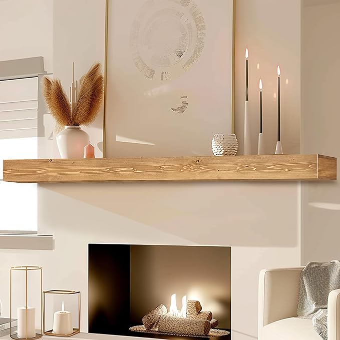 72x8x3 Fireplace Mantel - Handcrafted Hollow Rustic Solid Wood Wall Mounted Floating Shelf with Invisible Heavy Duty Wood Bracket (Natural Wood)