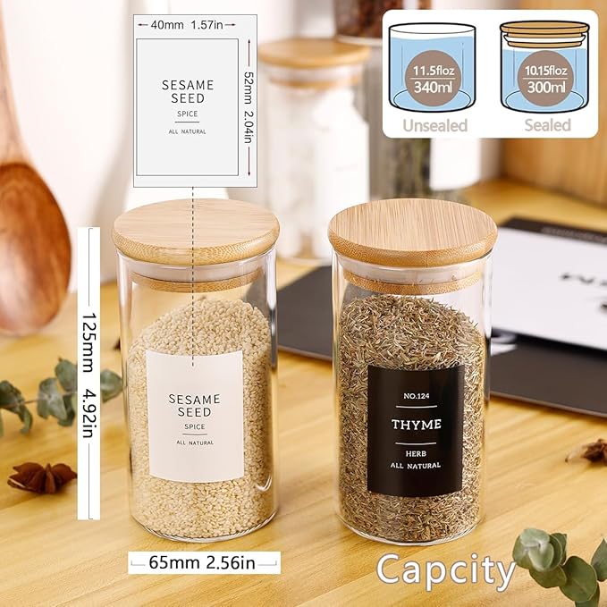 12 Pcs Glass Spice Jars With 296 Spice Labels Preprinted of White and Black Color- 10oz Thicken(2.4mm) Spice Containers With Bamboo Airtight Lids - Empty Small Herb Seasoning Jars