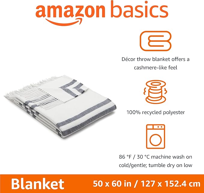 Amazon Basics Room Décor Throw Blanket, Lightweight and Cozy in Recycled Polyester, Light Grey With Blue Stripes, 50"x 60"