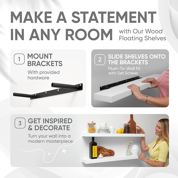 Homeforia White Floating Shelves 30 inch, High End Solid Real Wood 30inch Floating Shelf for Wall Mounted, White Wooden 30in Long Floating Shelves, Heavy Duty Bracket, 30 X 6.5 X 1.75 inches, Set of 2