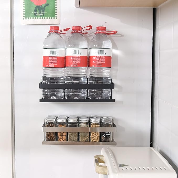 Magnetic Spice Rack for Refrigerator Spice Organizer, Strong Magnetic Shelf with 2 Removable Hooks Space Saver for Refrigerator and Microwave Oven, Metal Fridge Shelf(1 pack Silver)