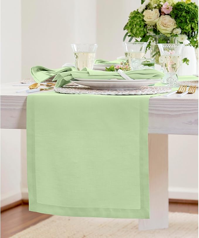 Solino Home Linen Pastel Green Table Runner 36 Inches - 100% Pure Linen Farmhouse Short Table Runner 14 x 36 Inch Ideal for Dresser and Coffee Tables - Fete